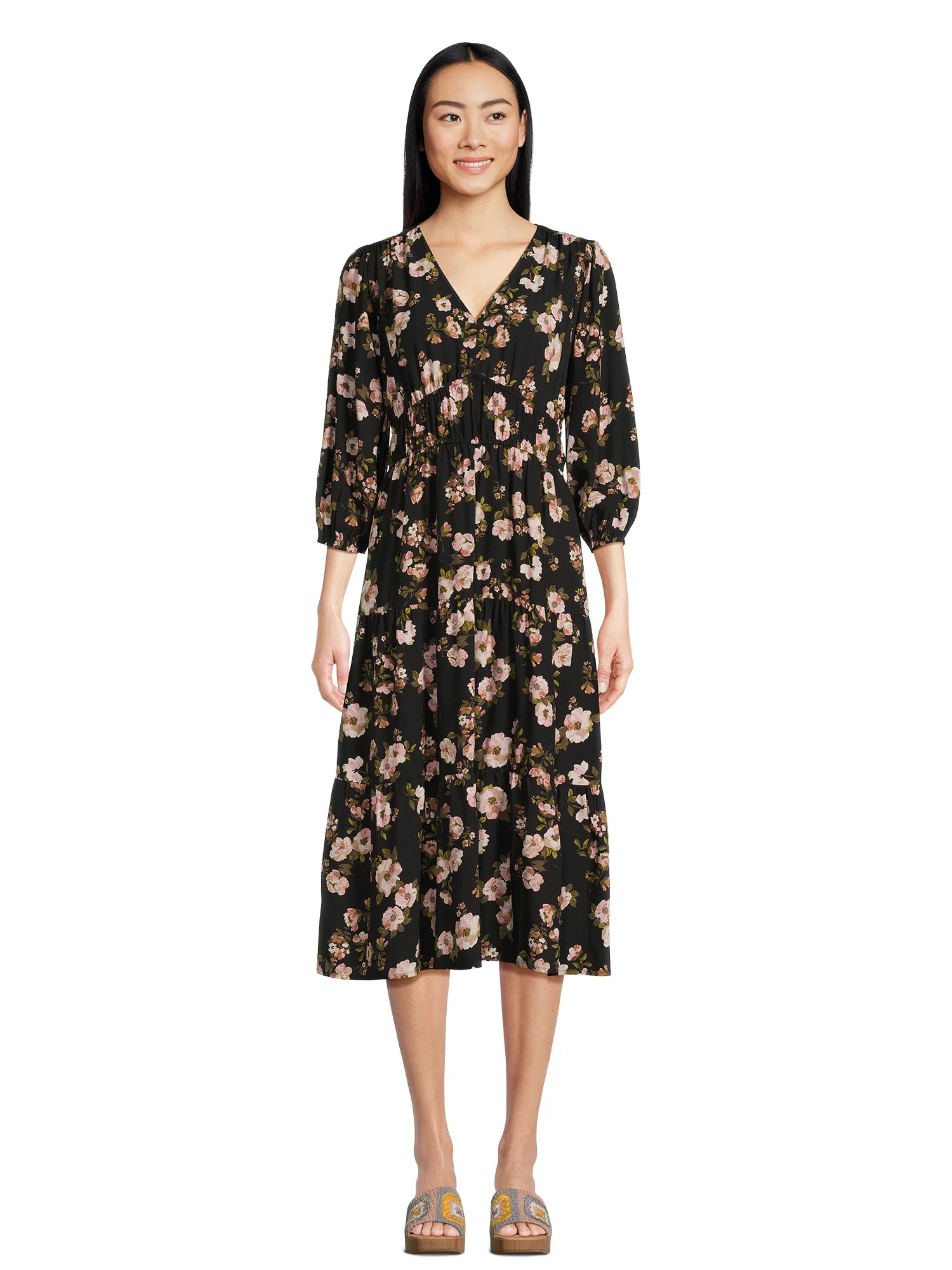 Time and Tru Women’s 3/4 Sleeve Midi Dress, Sizes XS-XXXL - Walmart.com | Walmart (US)