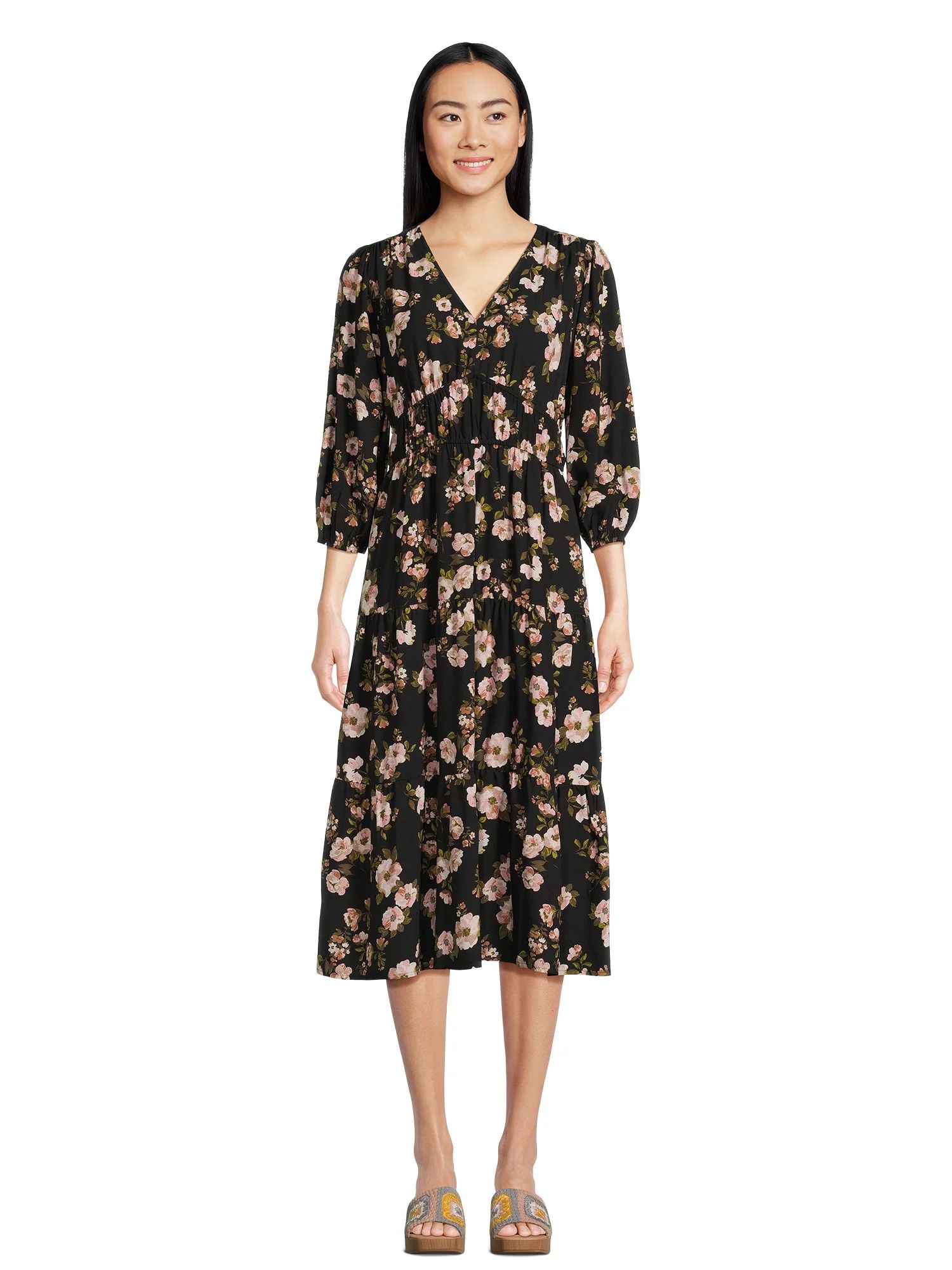 Time and Tru Women’s 3/4 Sleeve Midi Dress, Sizes XS-XXXL | Walmart (US)