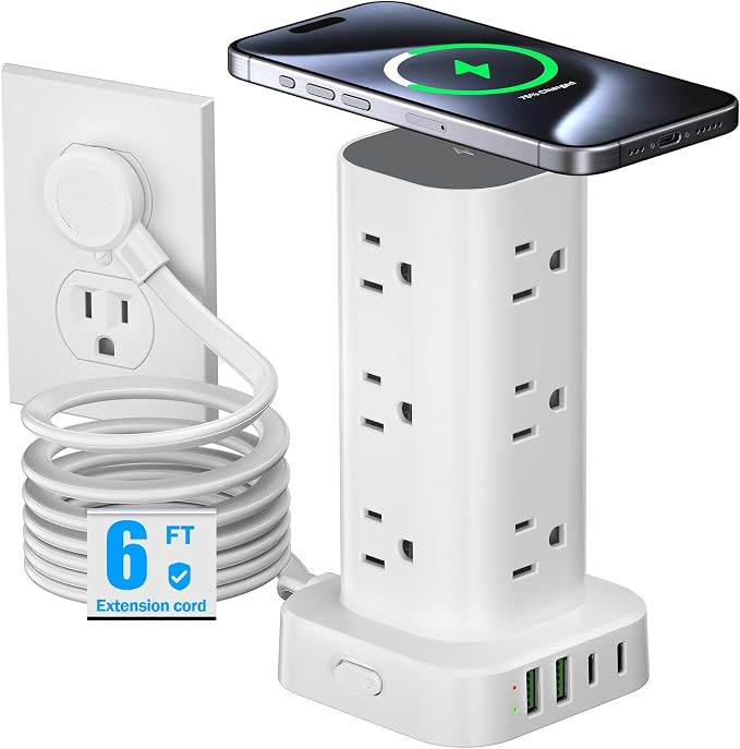 Tower Power Strip with 15W Wireless Charger, 6FT Flat Plug Extension Cord with Multiple Outlets, ... | Amazon (US)
