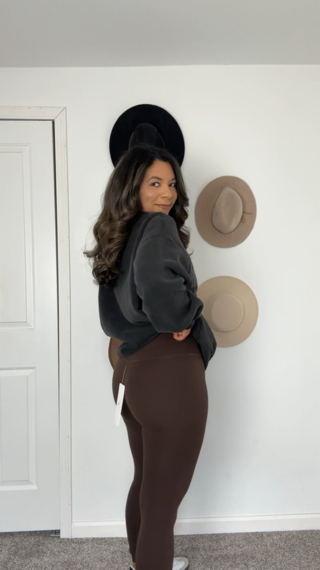the best amazon leggings just dropped the prettiest dark brown leggings! Looks like espresso from lululemon! Feels like align! Affordable fashion- outfit inspo- neutral style- Abercrombie graphic sweatshirt size large 