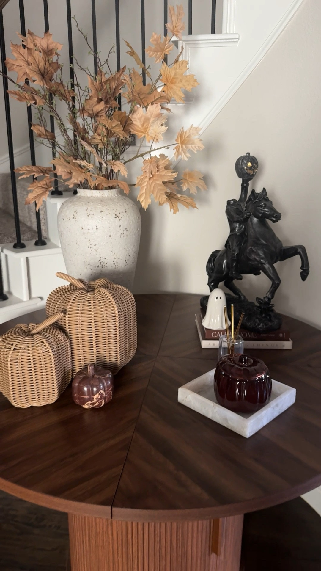 Foyer table refresh! Added the prettiest wicker pumpkins! I love them so much I bought them in all 3 sizes! Also found this Headless horseman at TJmaxx and he LIGHTS UP!!! I love that it’s spoooky but still gives an elevated look! And of course we needed some fall stems 😍

#LTKSeasonal #LTKHome #LTKHalloween