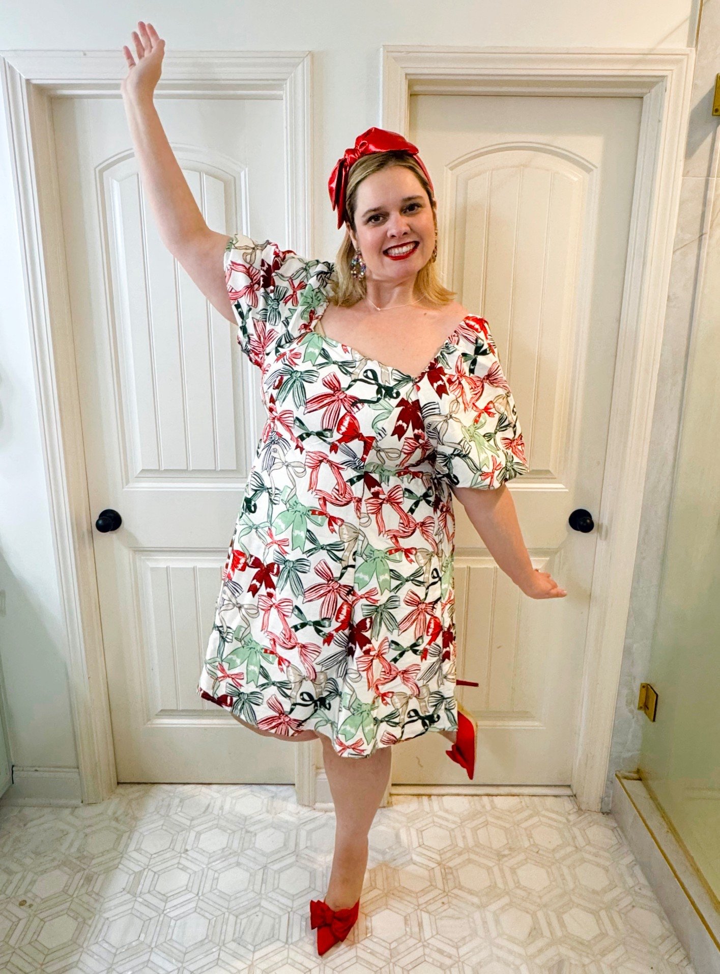 A fun and flirty bow print dress for the holiday season from Crown & Ivy x Sewing Down South. Wearing an xxl. 

#LTKHoliday #LTKMidsize #LTKSaleAlert