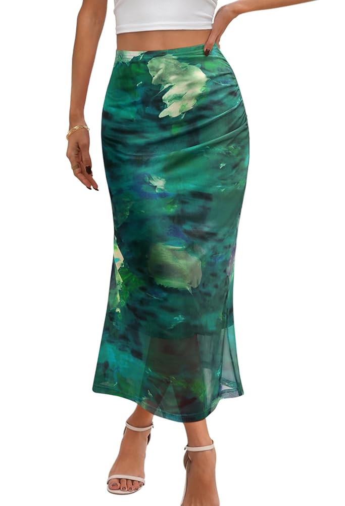 MEROKEETY Women's Summer Floral Mesh Midi Skirt 2025 Casual Trendy High Waist Ruched Boho Skirts | Amazon (US)