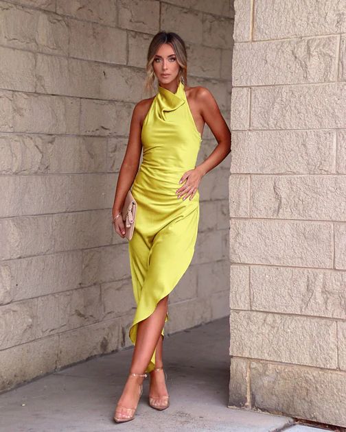 Havyn Satin Asymmetrical Halter Midi Dress - Lime | VICI Collection
