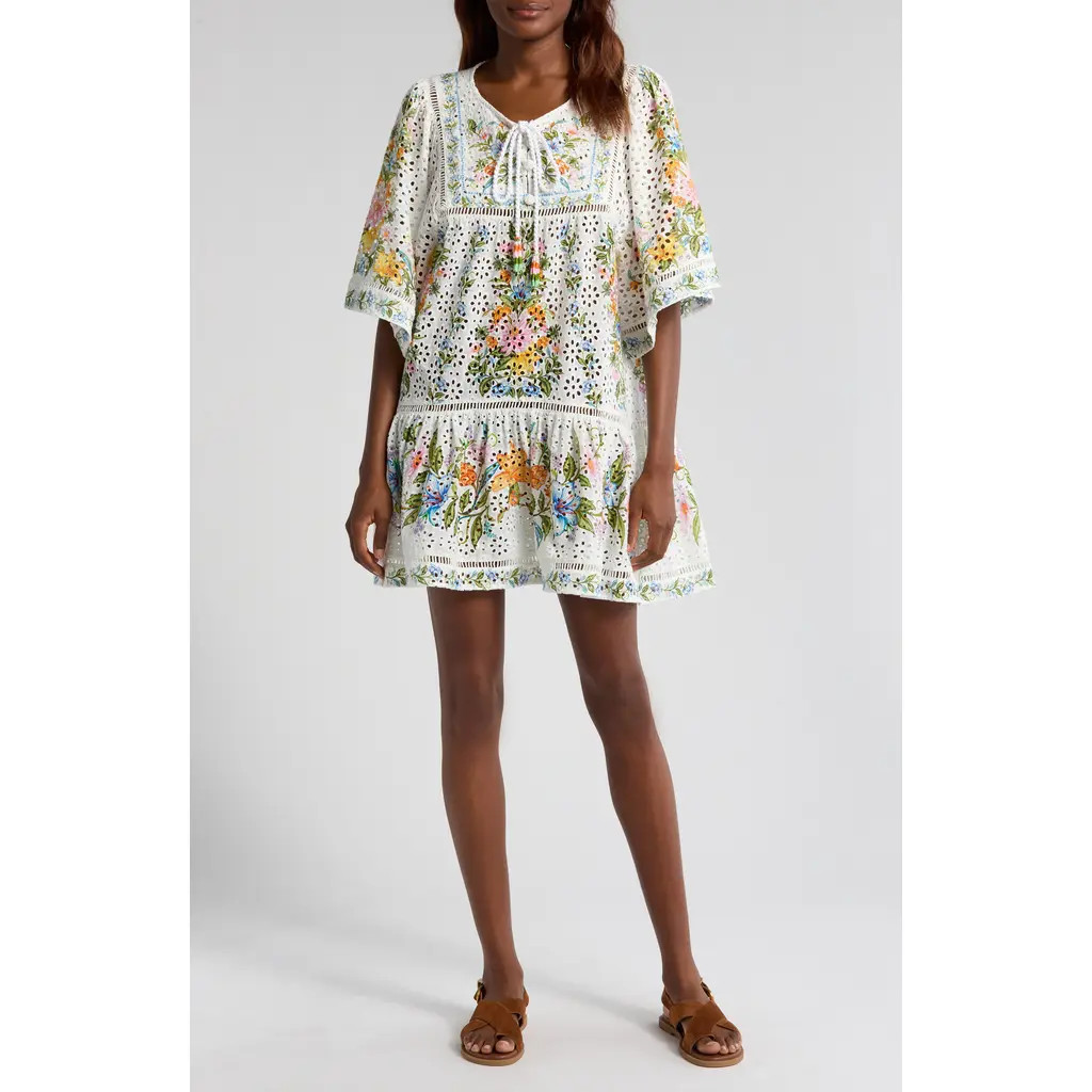 FARM Rio Sweet Bloom Bouquet Cotton Eyelet Cover-Up Minidress at Nordstrom, Size X-Small | Nordstrom