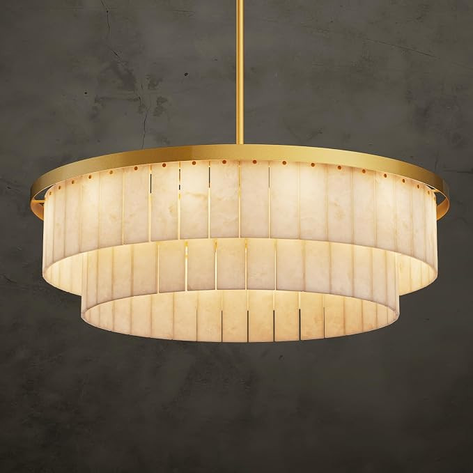 Round Alabaster chandelier, 34" Gold Chandeliers for Dining Room,2 Tiers Modern Marble Pendant Li... | Amazon (US)