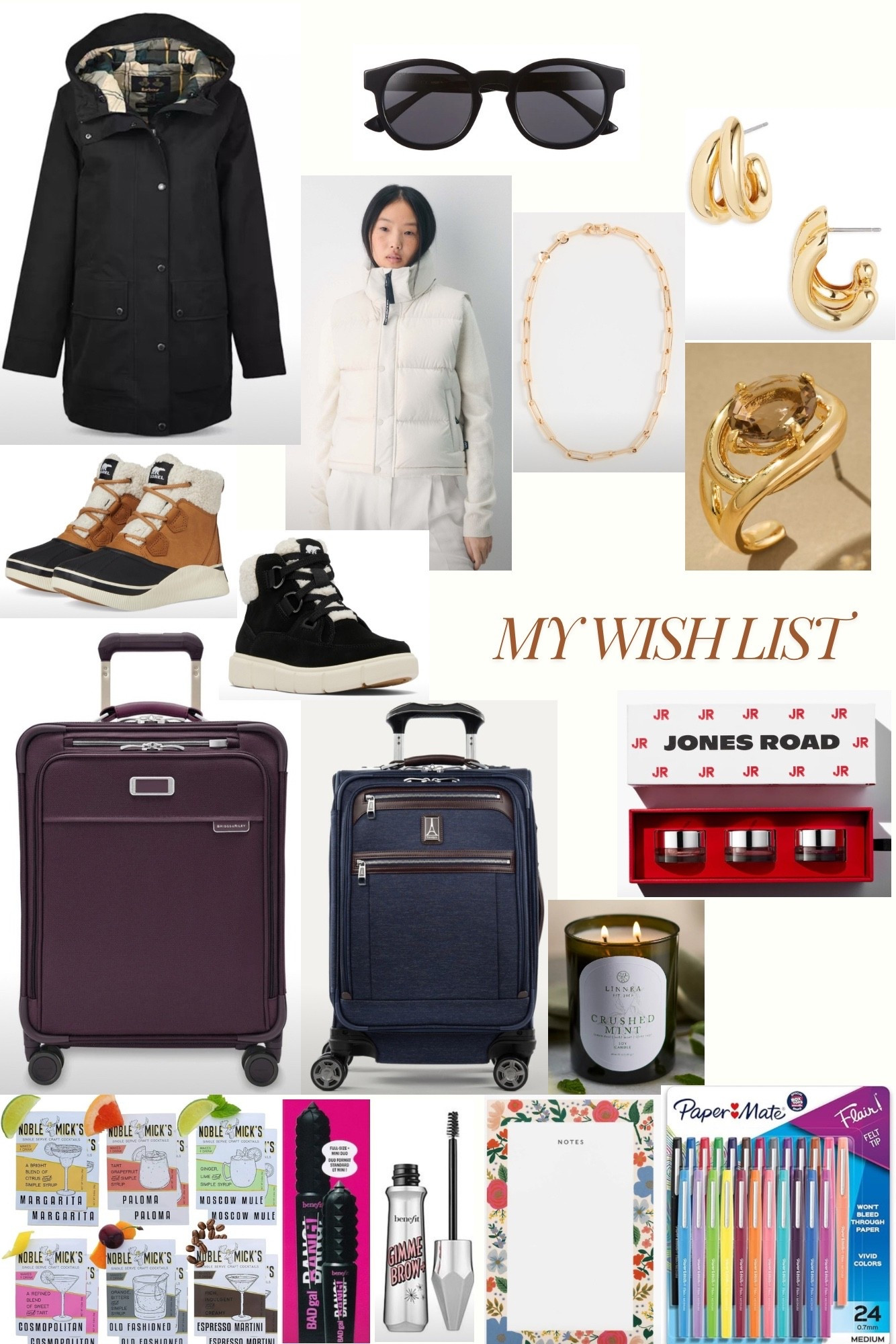 On my wishlist this year:

Rainy & Cold Weather Updates:
– A chic, functional raincoat (navy or black, of course)
– Superpuff vest in winter white
– Waterproof shearling boots for puppy walks

Travel Gear:
New carry-on luggage — fun fact: I only travel carry-on, even for multi-week trips. After way too much research, I’m down to two finalists. And the TravelPro’s on major sale!

Everyday Things:
– New sunnies (RIP to my last pair)
– Huggie hoops + simple necklaces
– Miracle Balm I’ve been dying to try

Stocking Stuffers:
- My favorite candle brand
- Cocktail mix packets for planes or campsites or just because 
- Makeup staples
- Colorful notepads + pens for a little daily joy

#LTKHoliday #LTKGiftGuide #LTKOver40