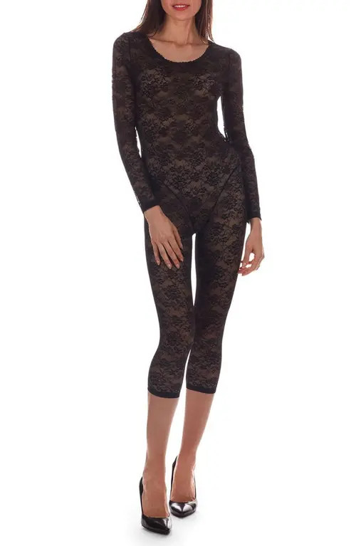 MeMoi Estelle Floral Long Sleeve Sheer Lace Catsuit in Black at Nordstrom, Size Large | Nordstrom