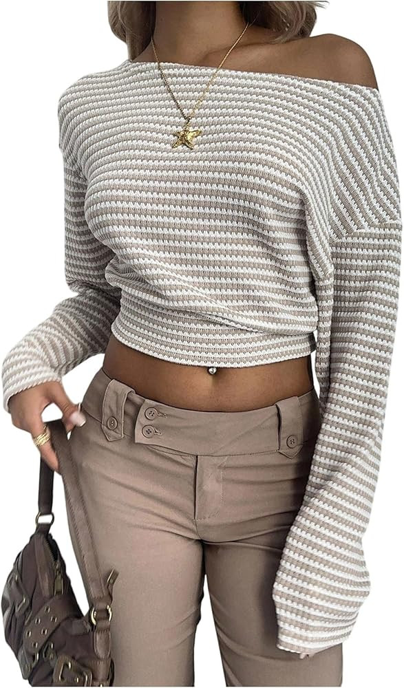 MakeMeChic Women's Striped Long Sleeve Tee Shirt One Shoulder Asymmetrical Neck Fall Y2K Crop Top... | Amazon (US)