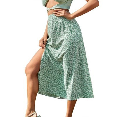 Women's Floral High Waist Side Slit A-Line Midi Skirt - Casual Summer Swing Flowy Vacation Daily Long Boho Sun Beach Skirt Green XL | Target