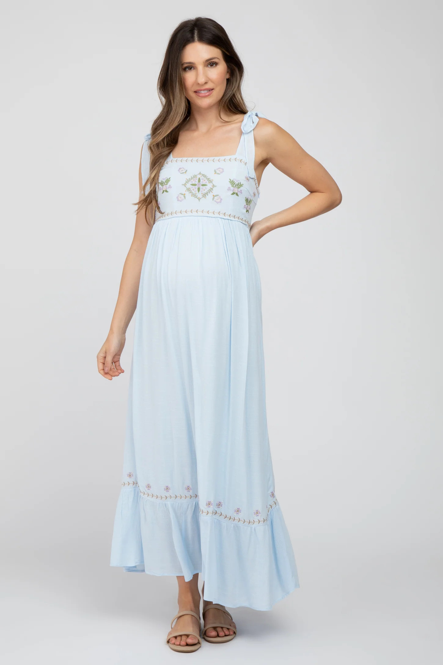 Light Blue Floral Embroidered Sleeveless Maternity Maxi Dress | PinkBlush Maternity