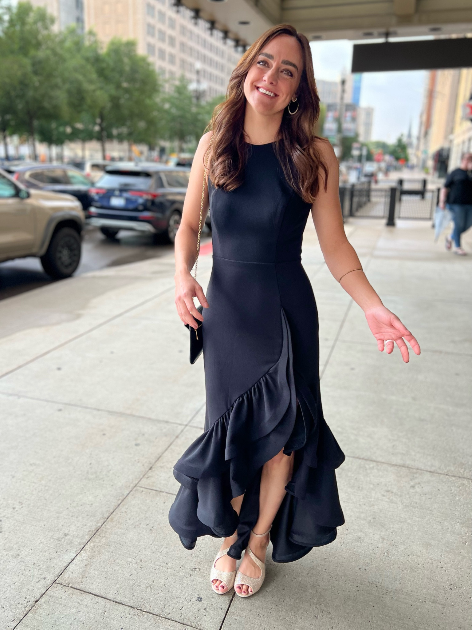 Black formal dress. Long black dress. Gold high heels. Black tie event. Evening dress. Black ruffle dress. Gold shoes.

#LTKFind #LTKwedding #LTKstyletip