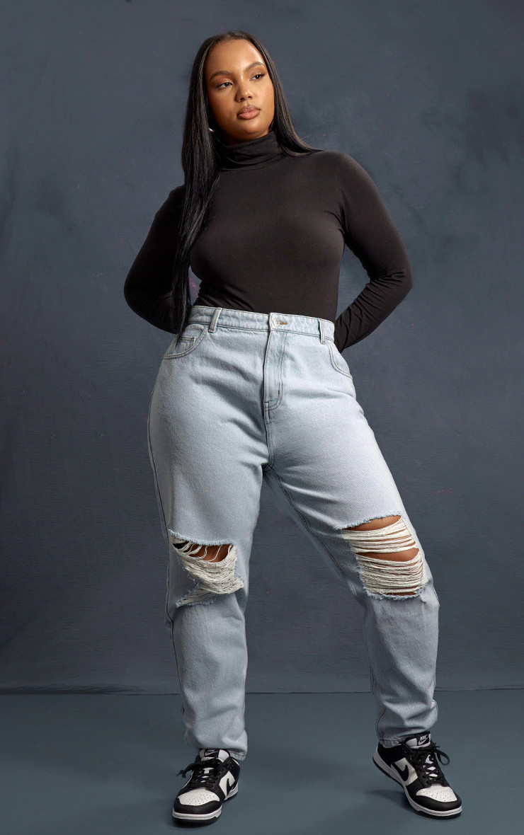 Plus Black Cotton High Neck Long Sleeve Bodysuit | PrettyLittleThing US