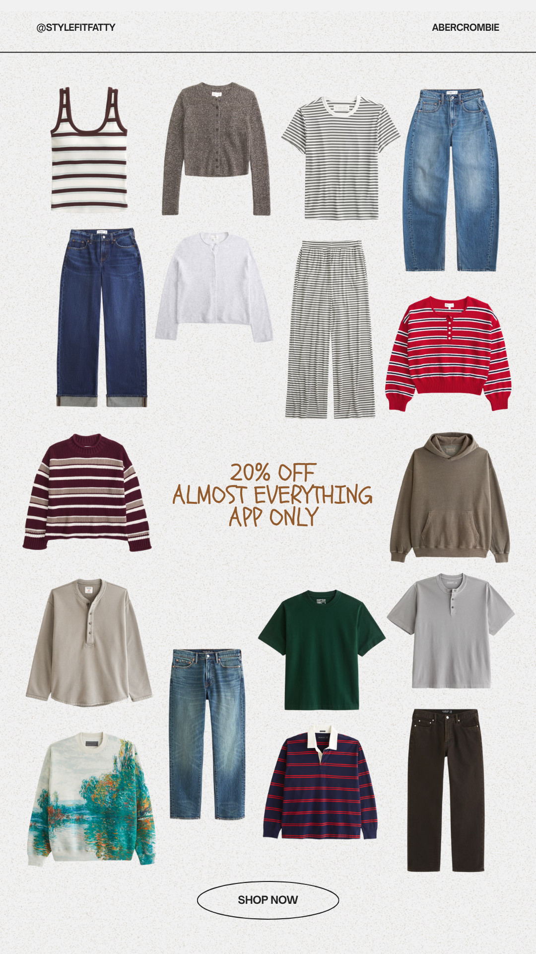 20% off almost everything IN APP ONLY!!! Love these fits for fall for everyone! #afsale #abercrombie #fallfinds 

 #LTKSeasonal #LTKSaleAlert #LTKMens