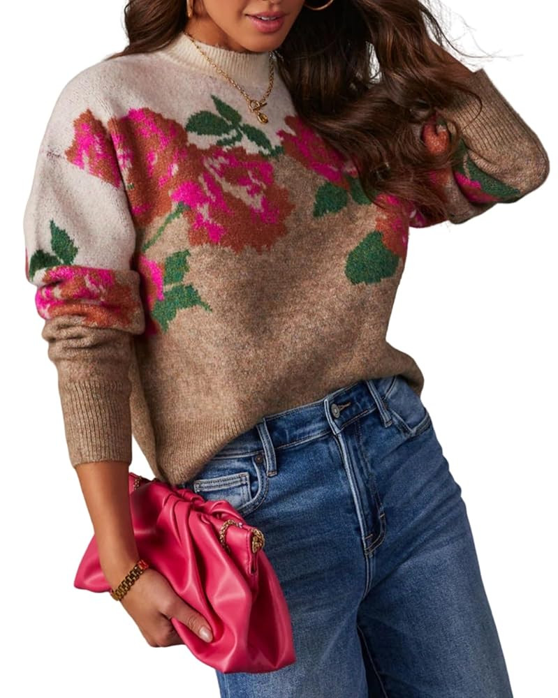 Women's Floral Sweater Long Sleeve Crewneck Drop Shoulder Pattern Knit Pullover Sweater | Amazon (US)