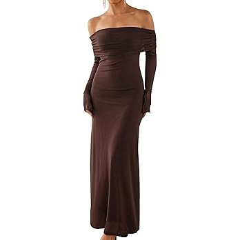 KUTUMAI Women Off Shoulder Bodycon Maxi Dress Long Sleeve Mesh Ruched Party Formal Wedding Guest ... | Amazon (US)
