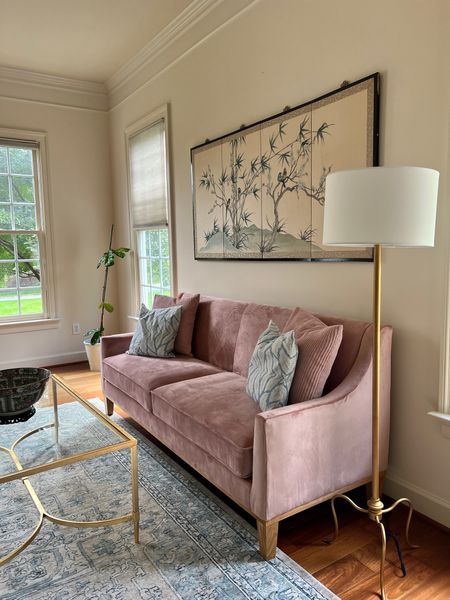 Blush pink crushed velvet couch loveseat interior define knockoff look for less target lamps coffee tables blue and white rugs Asian oriental French vibes 