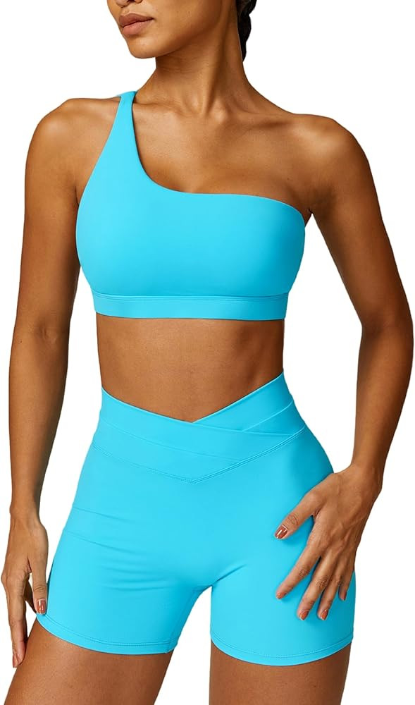 ABOCIW Workout Sets for Women Crossover High Waist Biker Shorts One Shoulder Sports Bra 2 Piece G... | Amazon (US)