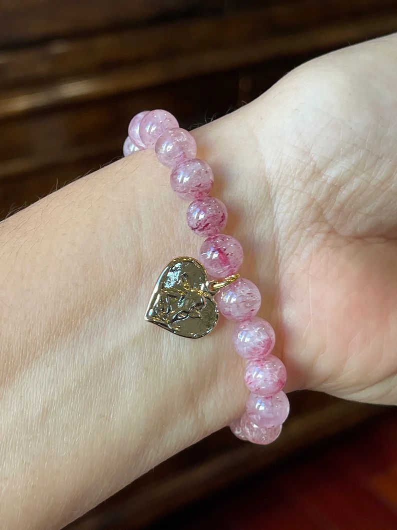 Strawberry Quartz Gemstone Bracelet with a Vintage Cupid Heart charm | Etsy (US)