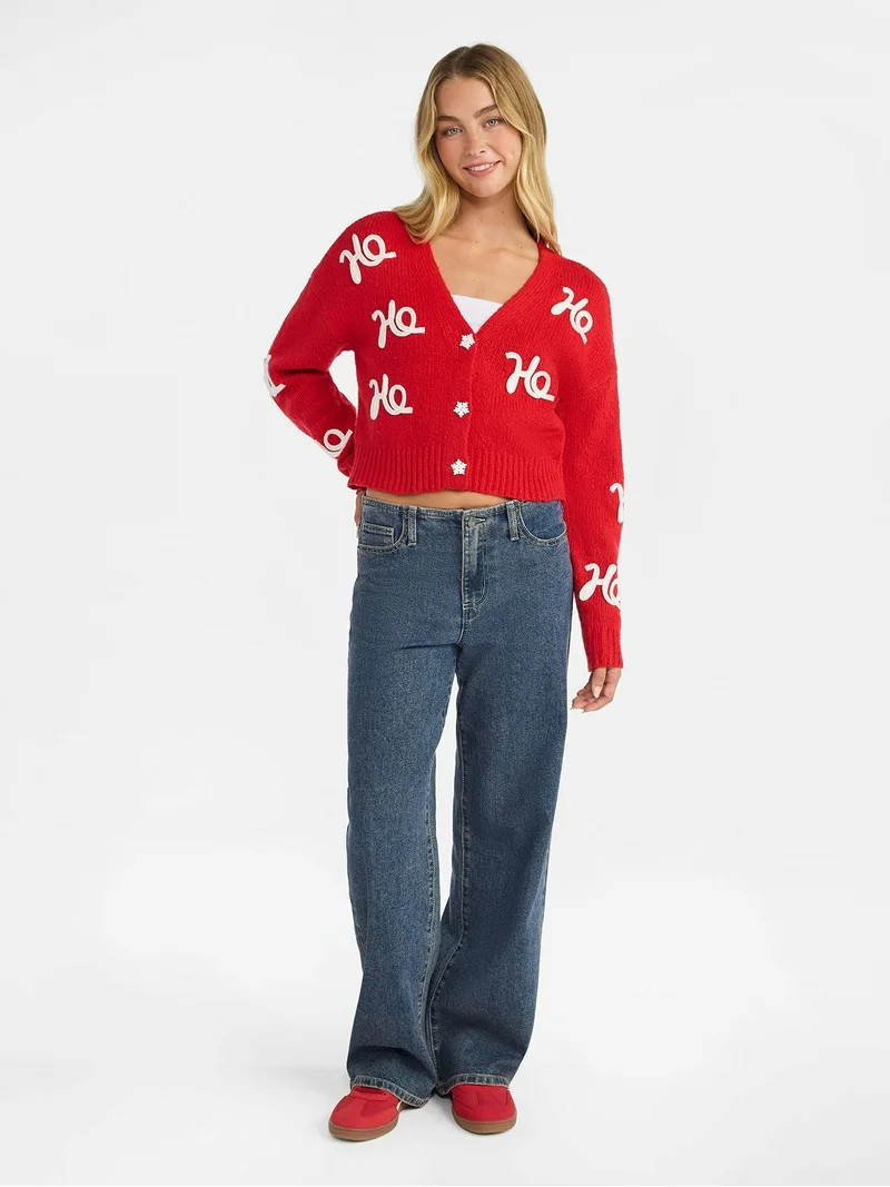 No Boundaries Embroidered Christmas Cardigan, Women's & Women's Plus | Walmart (US)