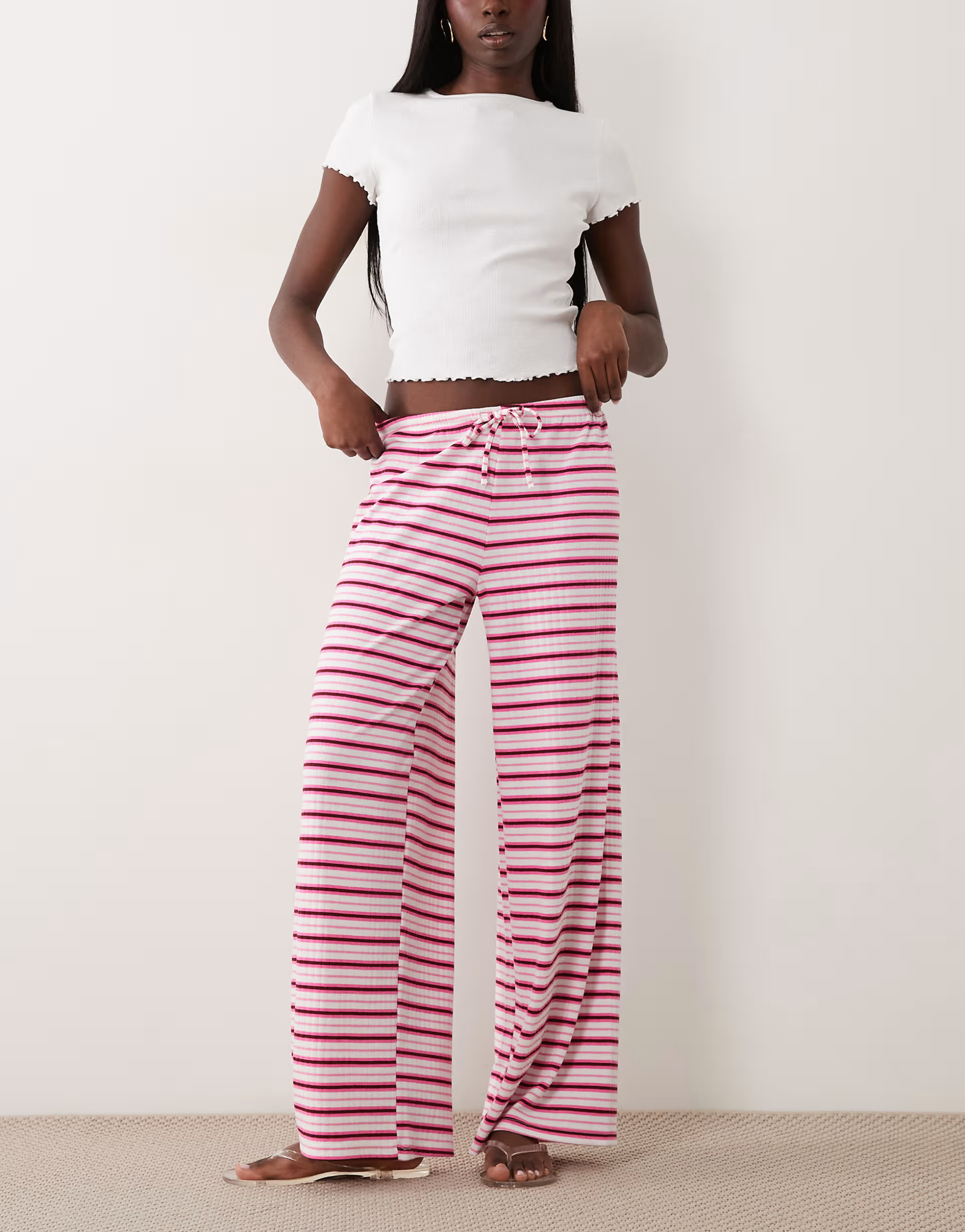 Gina Tricot supersoft jersey wide leg trousers with drawstring waist in pink weekend stripe | ASOS (Global)