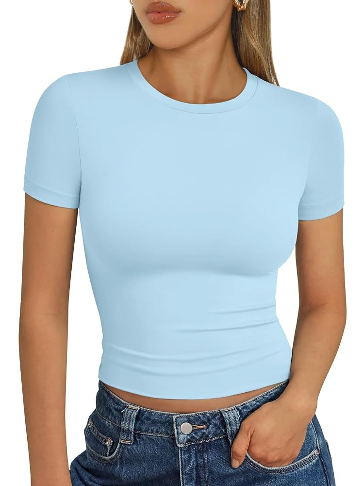 Trendy Queen Womens Basic T Shirts Summer Tops 2025 Short Sleeve Crop Tops Slim Fit Gym Workout Y... | Amazon (US)