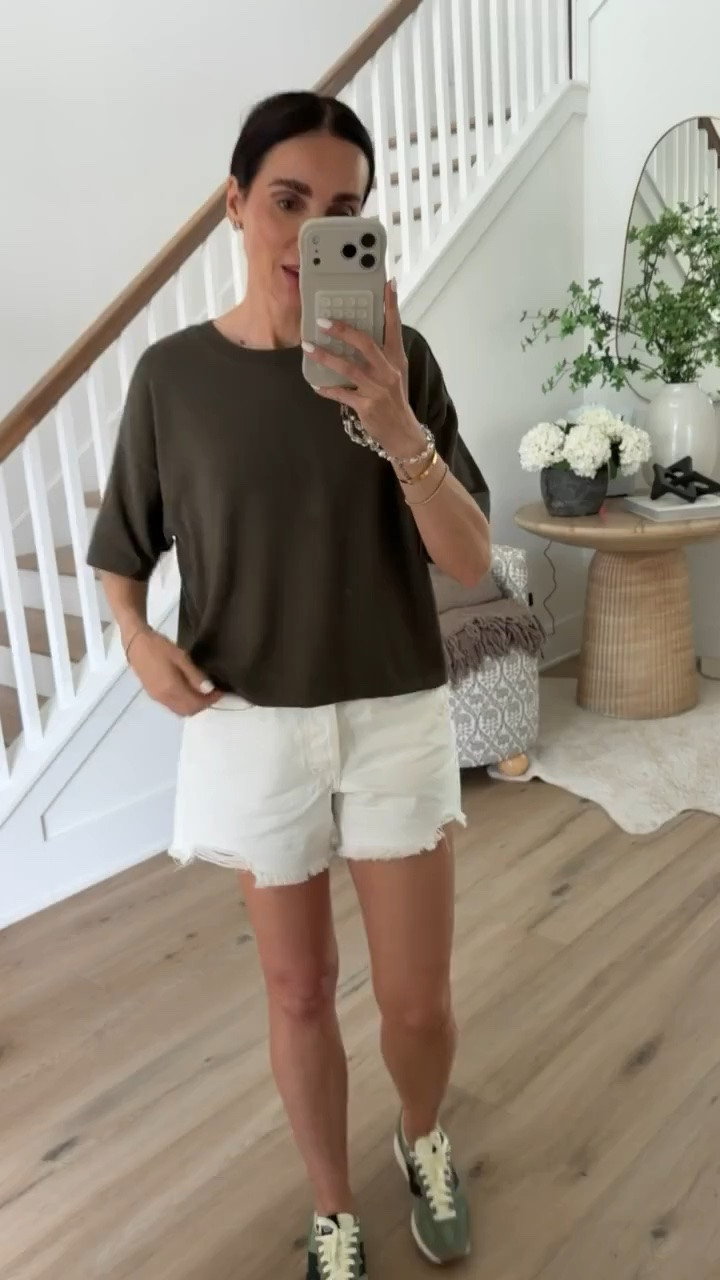 White shorts from Target on sale, 20% off. I am wearing size medium in the T-shirt, size 2 in shorts, sneakers fit true size.

target finds, target spring 2026, agolde inspired, summer outfit, white denim shorts, mom style, anna monteiro, annabrstyle

#LTKSaleAlert