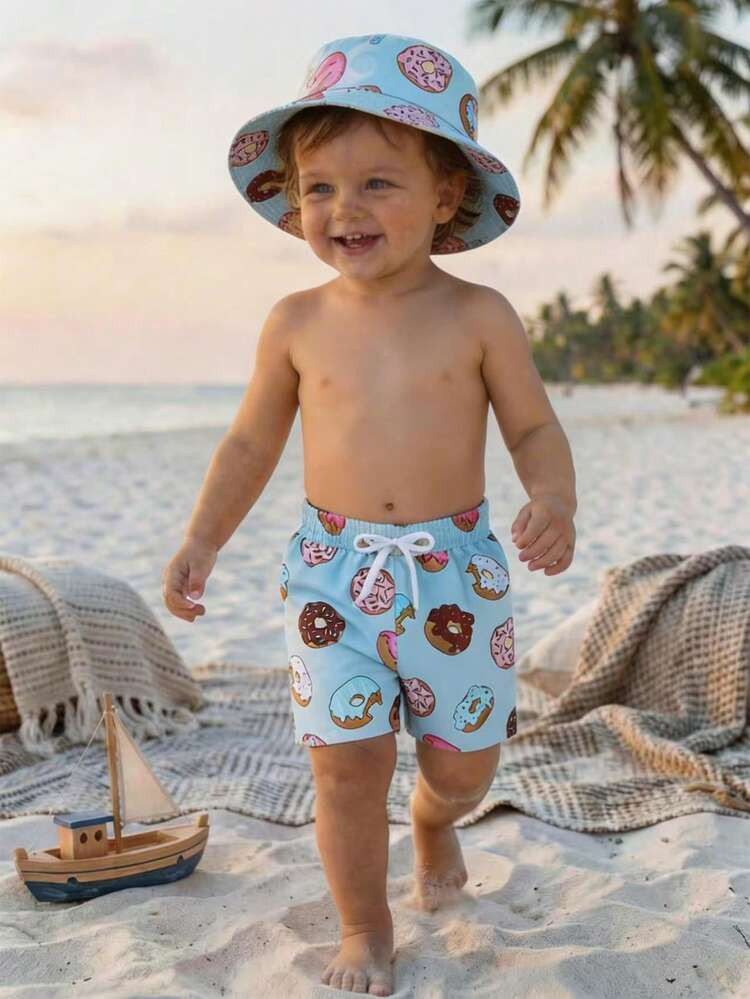 Toddler Boys' Swimwear, Cute Donut Print Velvet Beach Shorts And Sun Hat, Summer Holiday | SHEIN