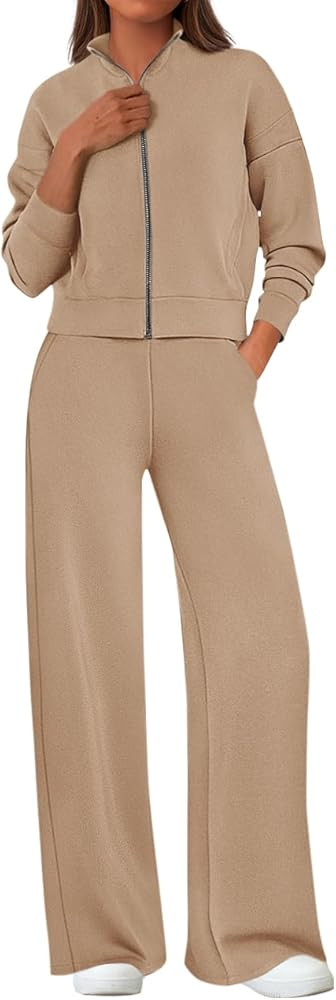 PRETTYGARDEN Women's 2 Piece Outfits Fall Sweatsuits Zip Up Sweatshirt Wide Leg Sweatpants Casual... | Amazon (US)