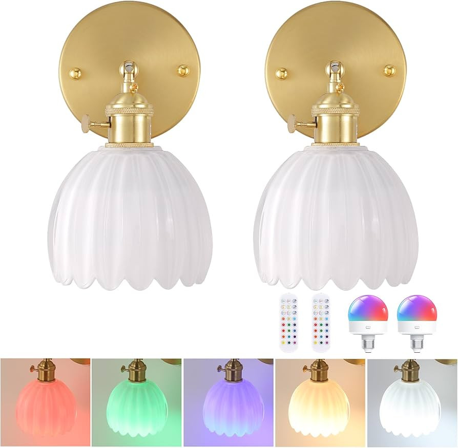 Vintage Battery Operated Wall Sconce with White Tulip Glass Lampshade Wireless Rechargeable Batte... | Amazon (US)