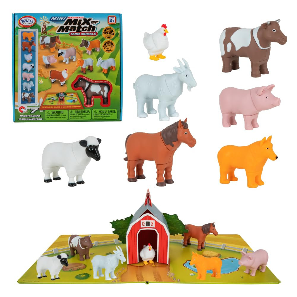 POPULAR PLAYTHINGS Mini Magnetic Mix or Match Animal Toys with Pop-up Playmat, Set of 7 - Farm | Amazon (US)