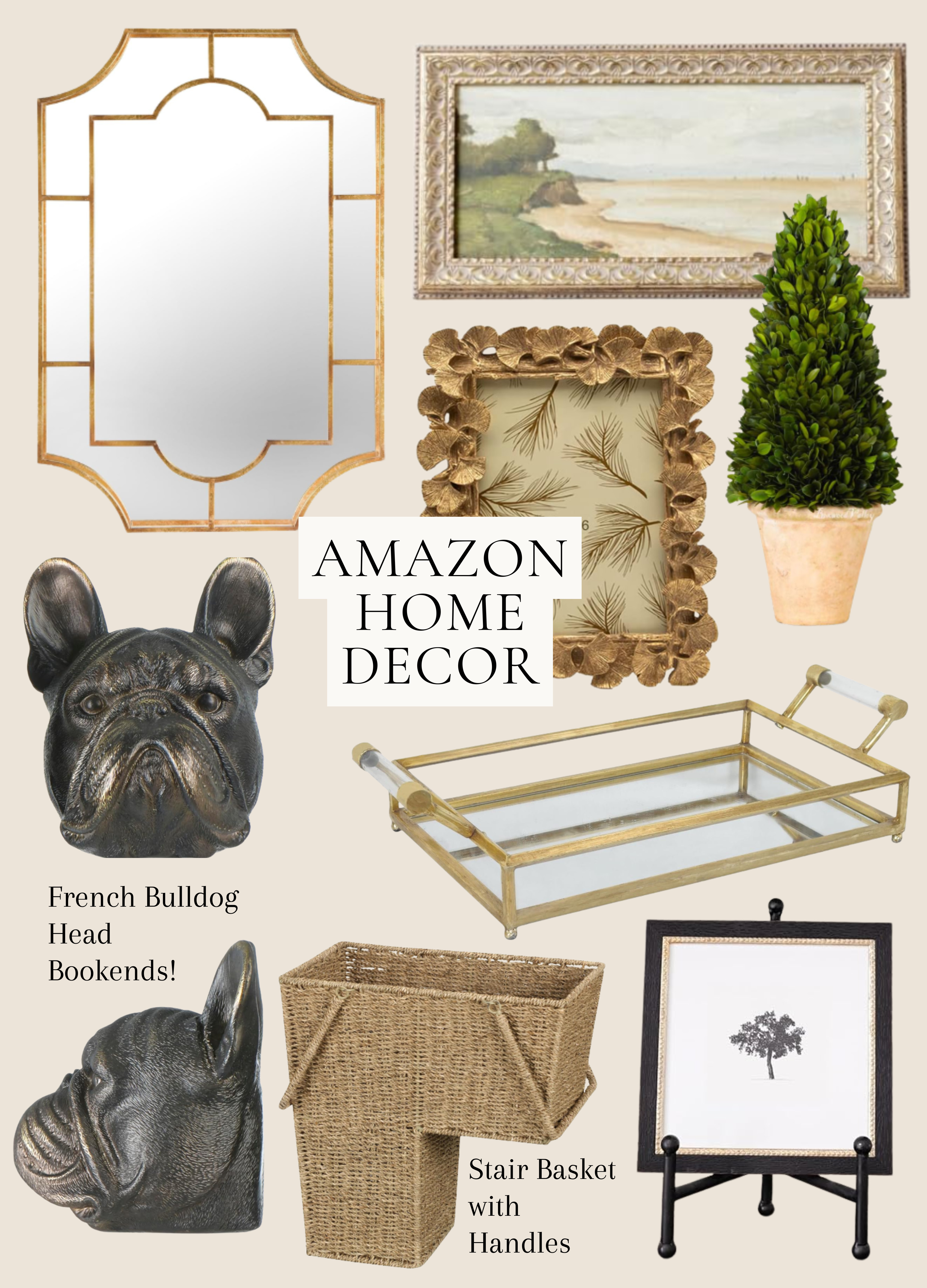 Amazon home decor finds! French bulldog head bookends, stair basket with handles, framed wall art prints, art stand easel, gold mirror decorative tray, gold picture frame, wall mirror, and more! #homedecor #amazonfinds #founditonamazon 

 #LTKSeasonal #LTKHome #LTKSaleAlert