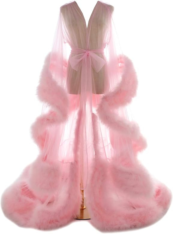 FangJian Old Hollywood Feather Robe for Women Long Lingerie Tulle Bathrobe Wedding Scarf Bridal Robe | Amazon (US)