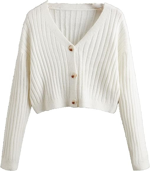 SweatyRocks Women's Long Sleeve Plaid Button Front V Neck Soft Knit Cardigan Sweaters, Solid Whit... | Amazon (CA)