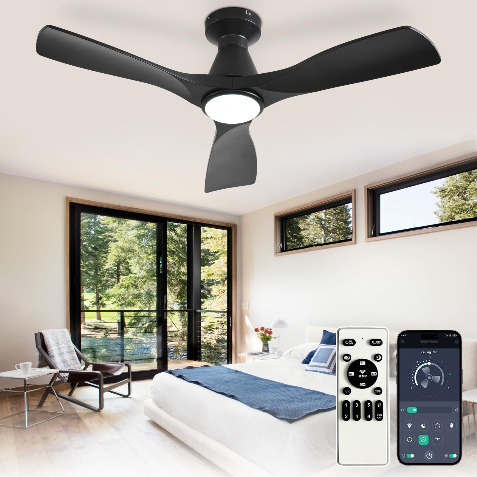 Depuley 42-Inch Ceiling Fans with Lights: Black 3 Blade Flush Mount Low Profile Ceiling Fan for B... | Amazon (US)