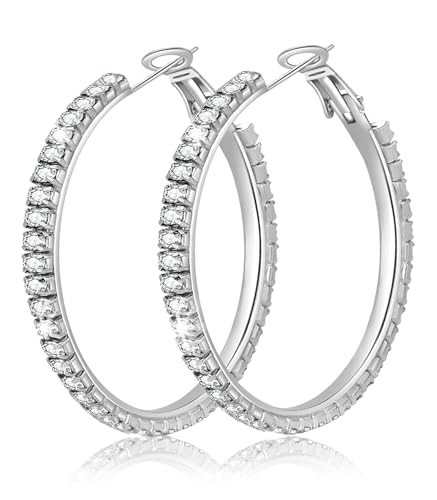 Deliyer Silver Hoops Earrings for Women Rhinestone Hoop Big Crystal Silver Hoop Earrings for Womens Girls Thick Thin Sparkly Hoops Lightweight Hypoallergenic Non Tarnish for Women Diamond Gifts 40mm | Amazon (US)
