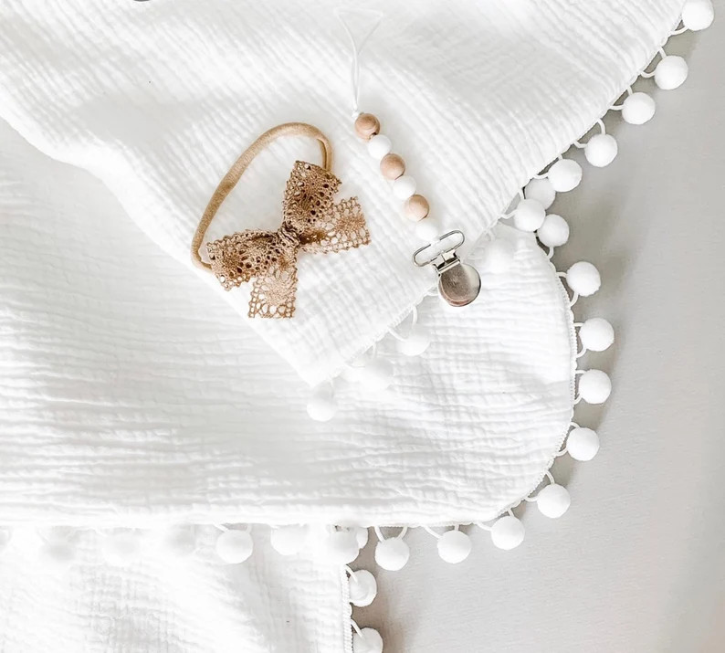 Pom Pom Baby Blanket, Gauze Baby Blanket, White Pom Pom Blanket (leave note when need it by)embro... | Etsy (US)