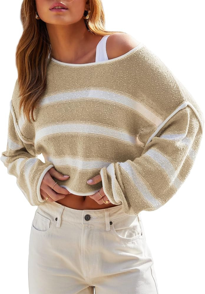 Balimtoy Womens Lightweight Cropped Sweaters Casual Long Sleeve Crew Neck Loose Striped Sweater P... | Amazon (US)