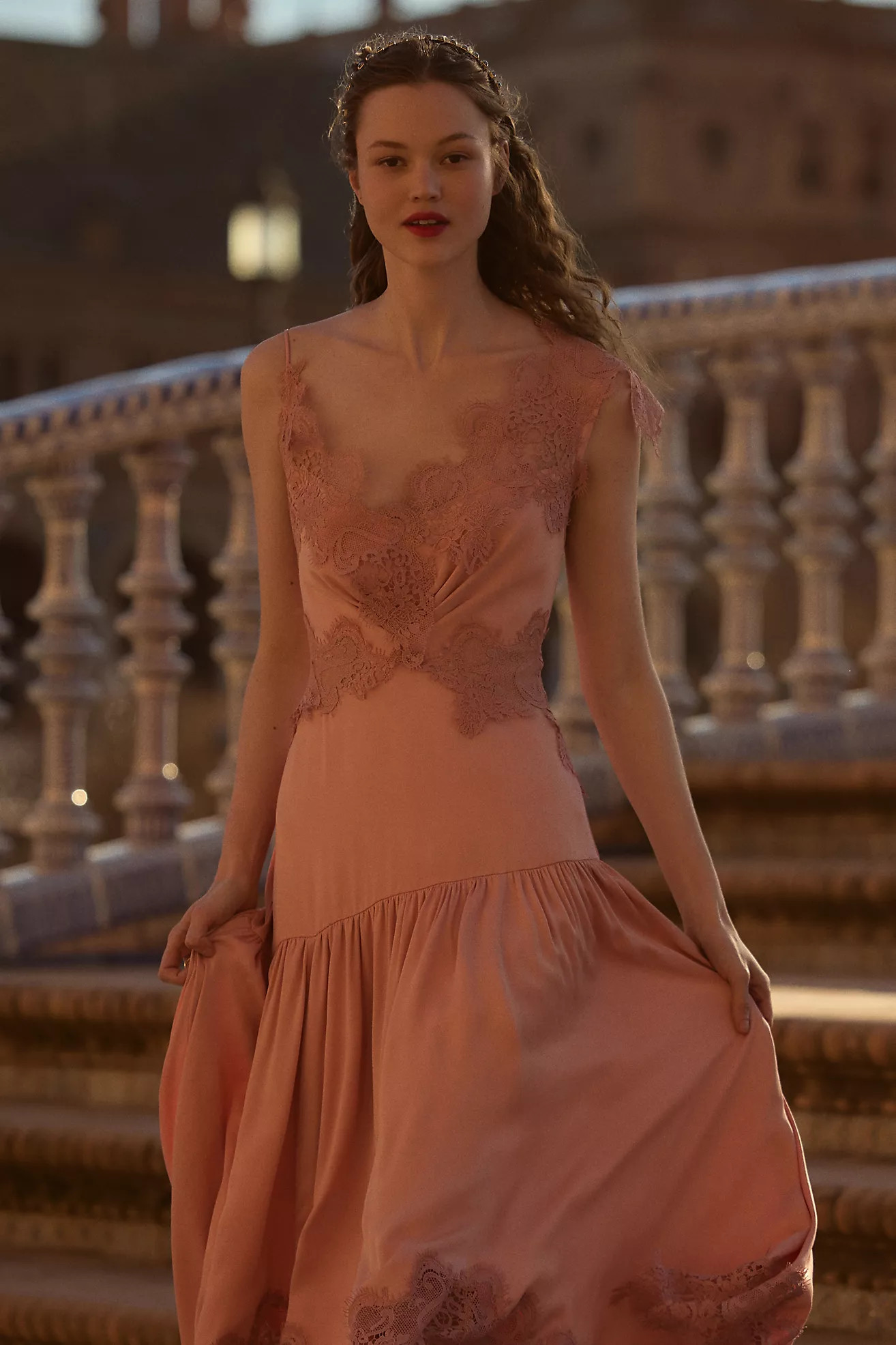 BHLDN Evelyn Lace V-Neck High-Low Midi Dress | Anthropologie (US)