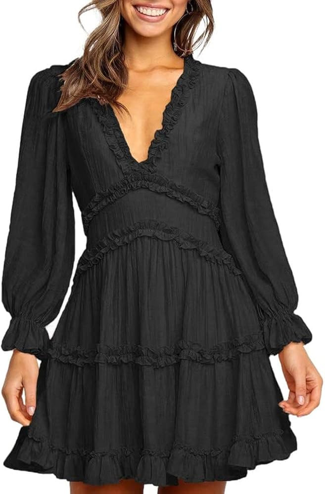 Dokotoo Womens 2025 Summer Spring Deep V Neck Ruffle Long Sleeve Open Back Flowy Mini Dress | Amazon (US)