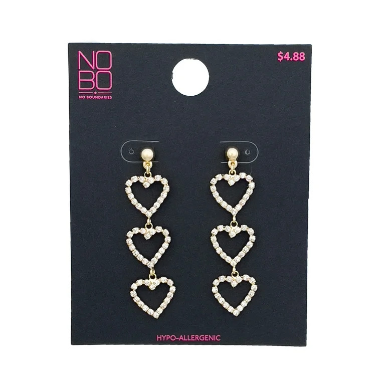 No Boundaries Ladies Adult Heart Drop Earring, Gold with Crystal Rhinestones, 3 Drop Heart, Bulle... | Walmart (US)