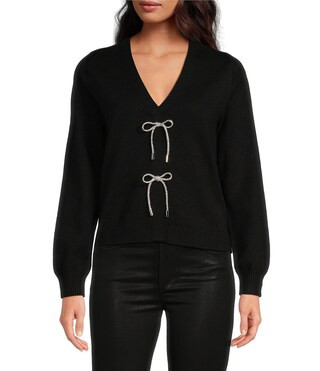 Eli Elle V-Neck Long Sleeve Rhinestone Bow Faux Cardigan Sweater | Dillard's