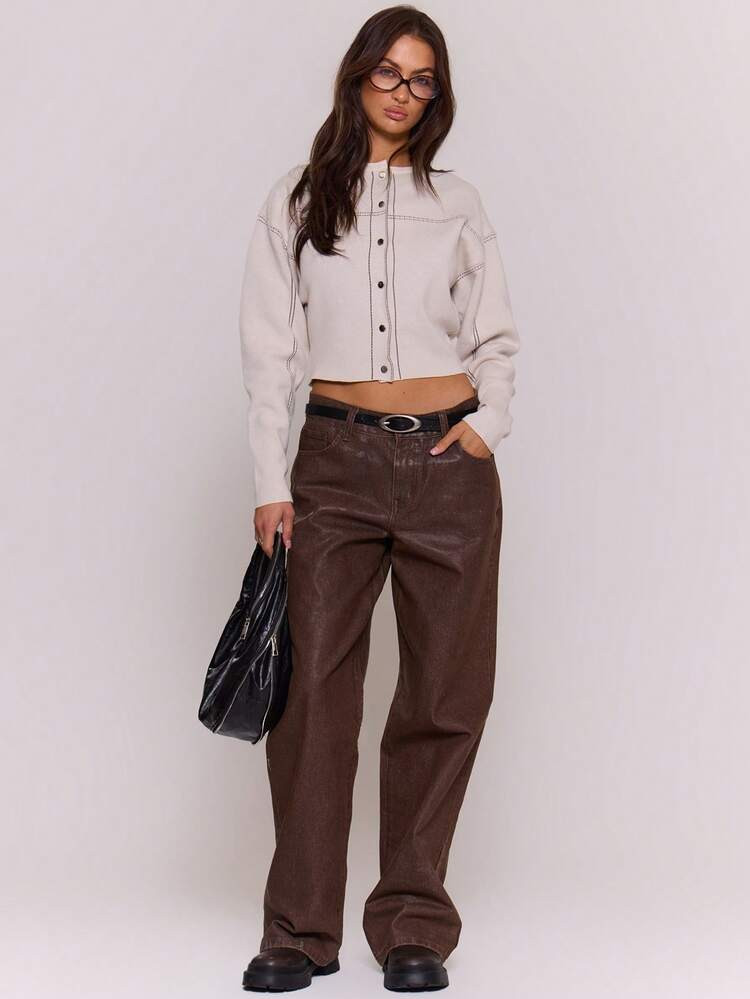 MUSERA Crewneck Popper Front Fitted Waist Contrast Stitch Knit Sweater Winter Night Out Going Out... | SHEIN