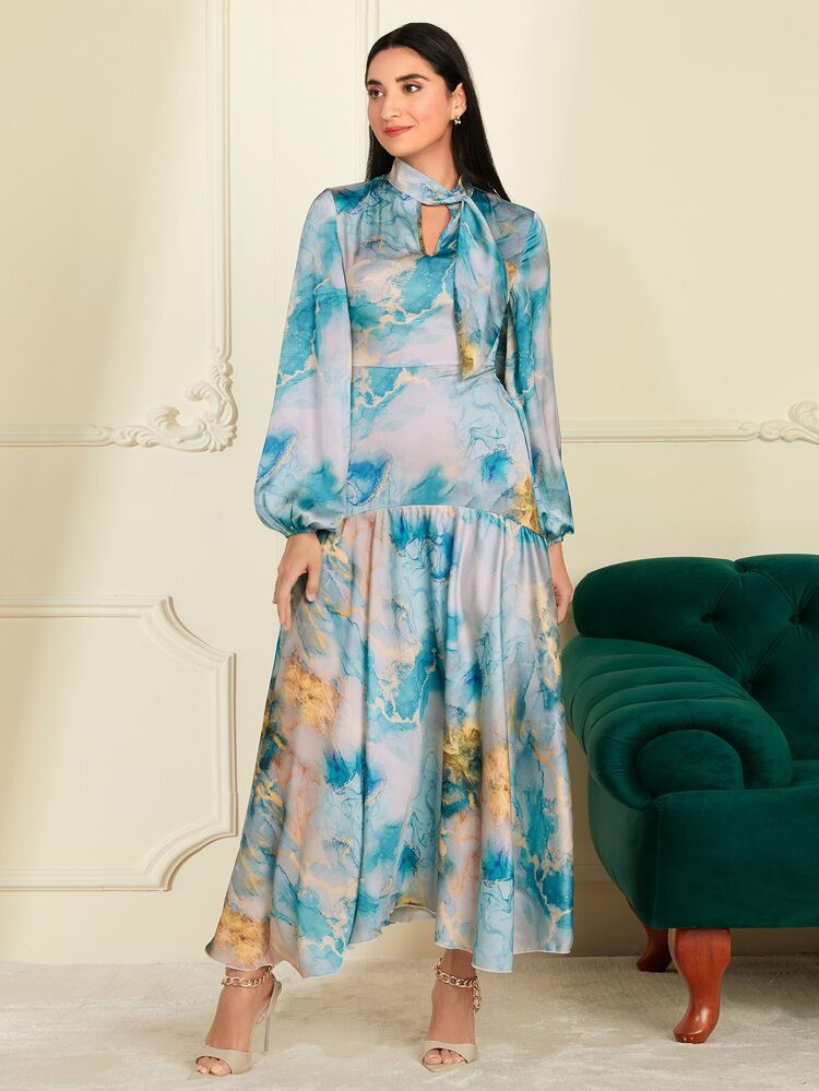 SHEIN Modely Marble Print Tie Neck Lantern Sleeve Ruffle Hem Dress | SHEIN