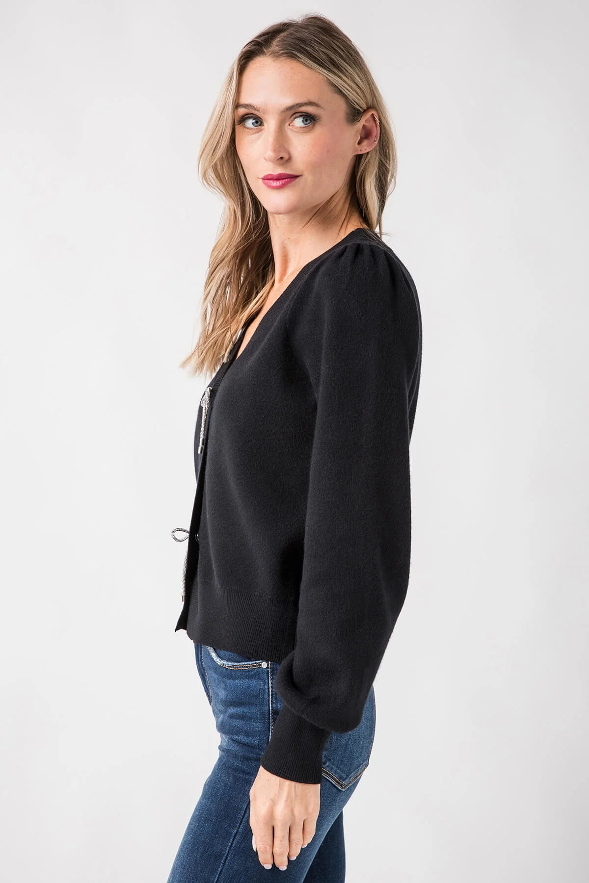 Skies Are Blue Ribbon Trim Puff Sleeve Cardigan | Social Threads