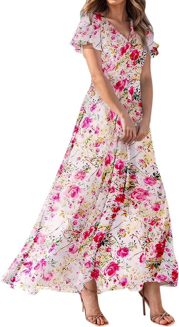 Floral Maxi Dresses for Women 2025 Summer Elegant Flutter Sleeve Long Flowy Dresses Trendy V Neck... | Amazon (US)