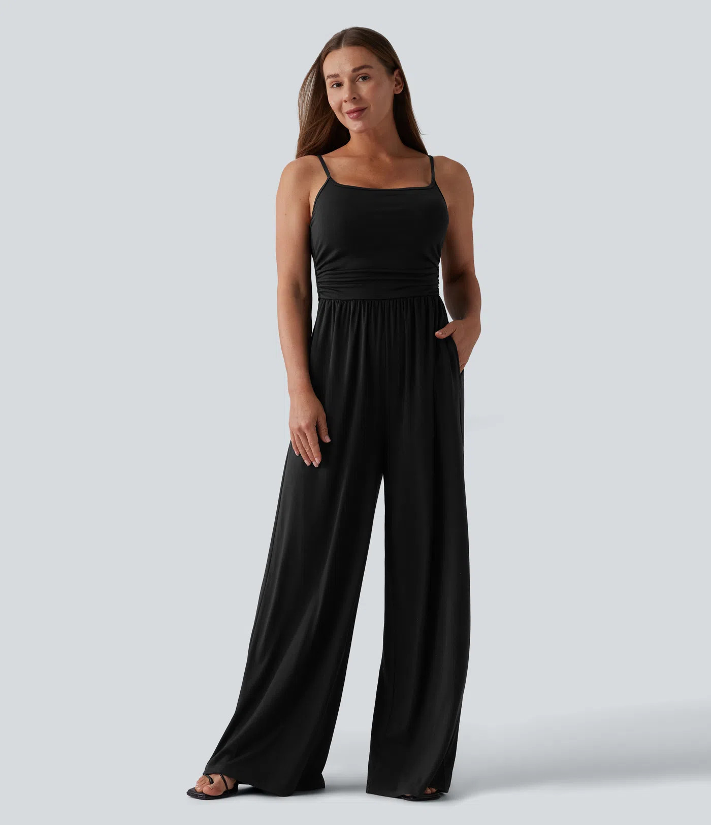 Women’s Adjustable Straps Ruched Wide Leg Heathered Casual Jumpsuit with Pockets-Easy Peezy - H... | HALARA