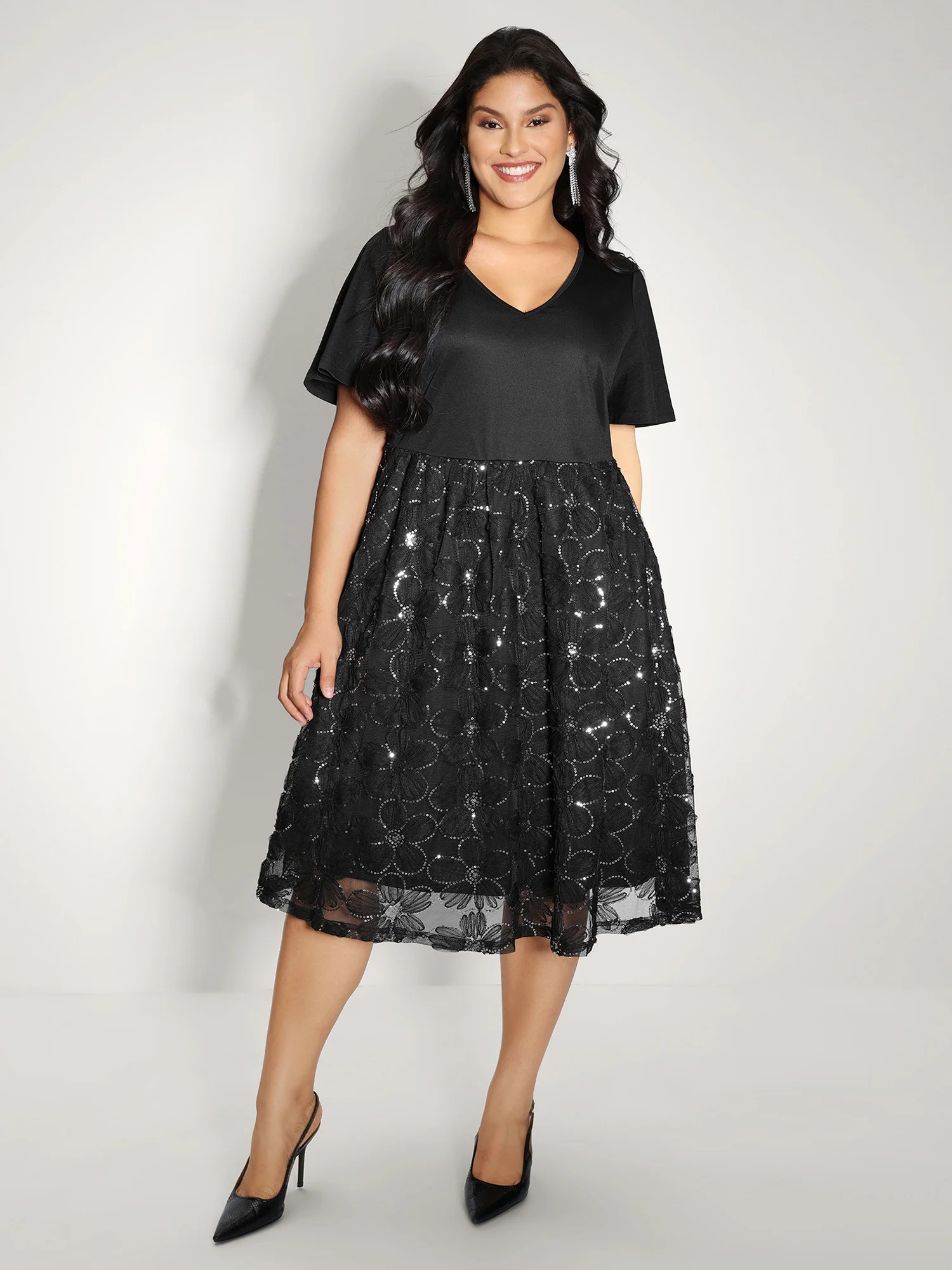 Sequin Embroidery Ruffled Sleeve Midi Dress | Bloomchic