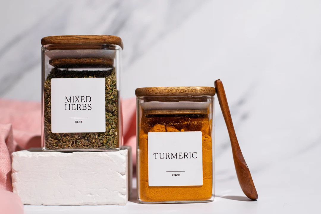 Square Glass Spice Jars With Acacia Wood Lids | Minimalist Labels - Etsy | Etsy (US)