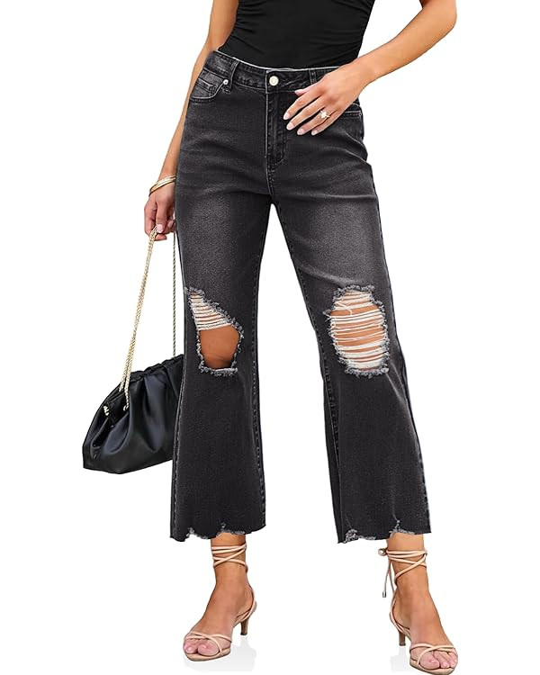 luvamia Wide Leg Jeans for Women Trendy High Waisted Flare Ripped Cropped Jeans Stretchy Distress... | Amazon (US)